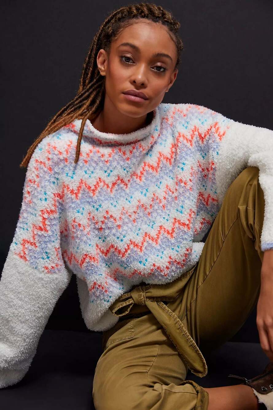 Pilcro Aztec Soft Apres Ski WhiteMockneck Neon Winter Cozy Oversized XS